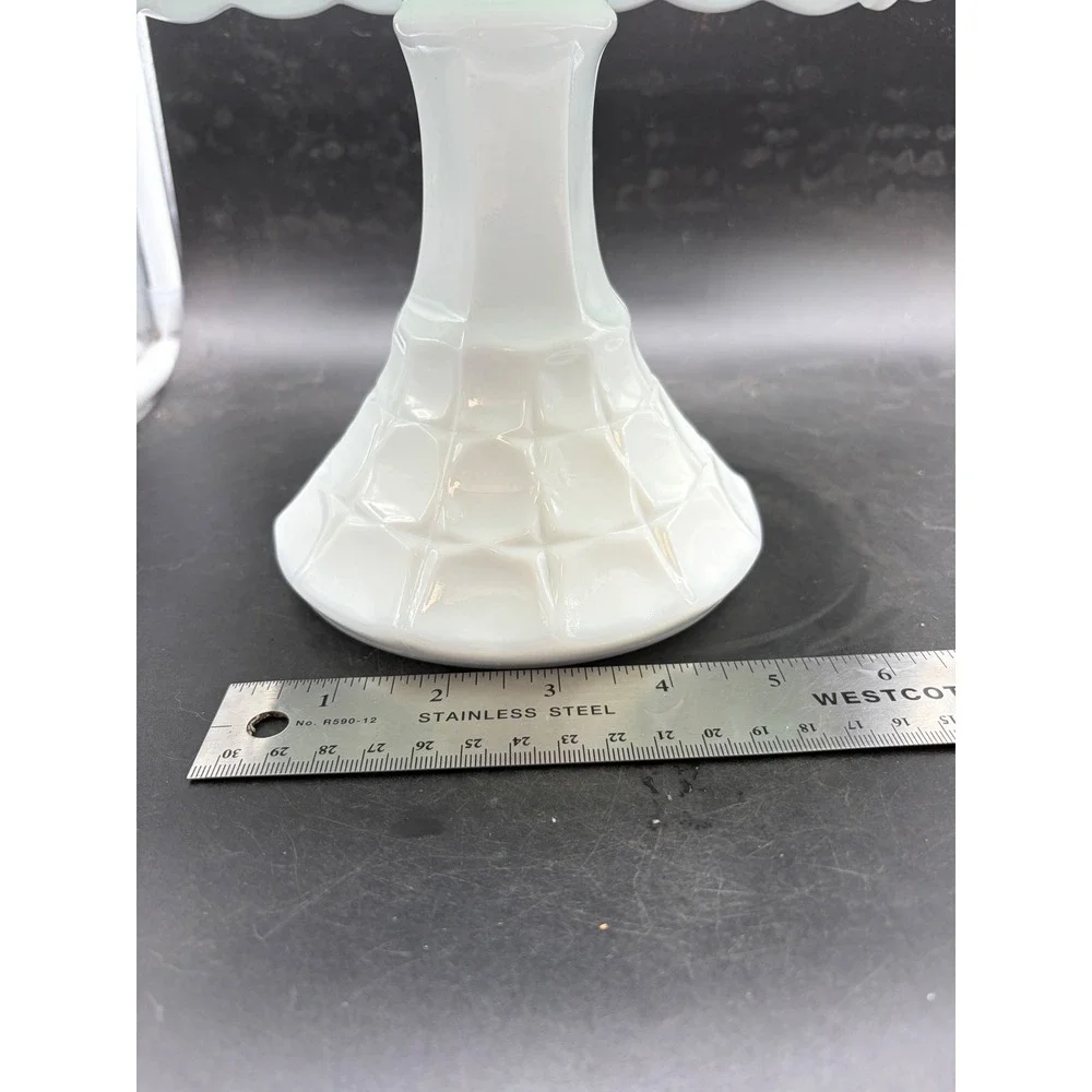 Vintage Milk Glass Square Cake Stand Scalloped Edge Pedestal Dessert Display 10